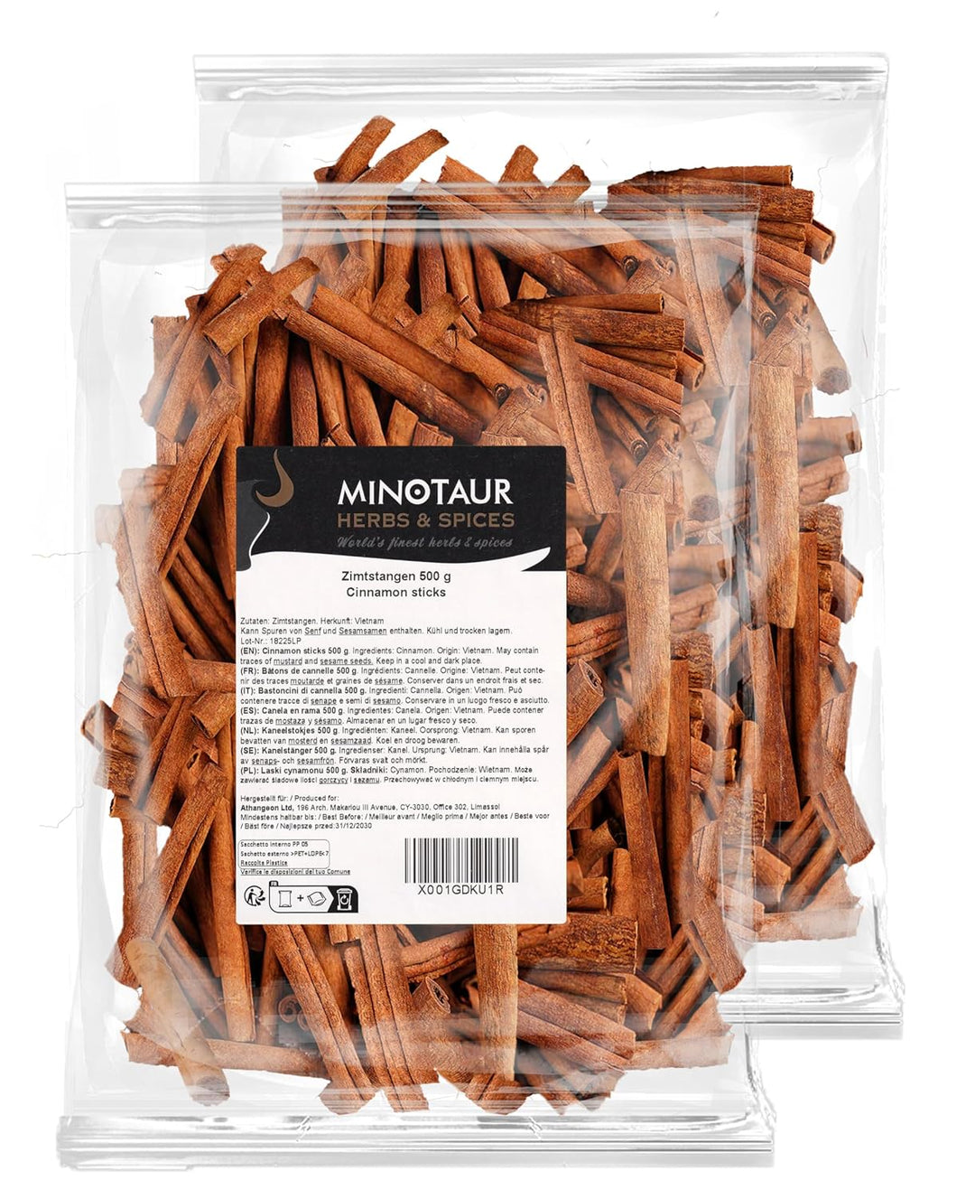 Minotaur Spices | Zimtstangen 2 x 500 g (1 Kg) Zimt Stangen | ca. 160-170 Stück | ca. 8 cm lang