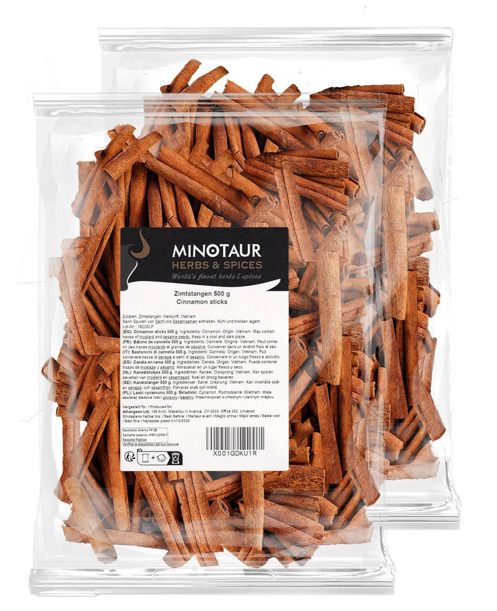 Minotaur Spices | Zimtstangen 2 x 500 g (1 Kg) Zimt Stangen | ca. 160-170 Stück | ca. 8 cm lang