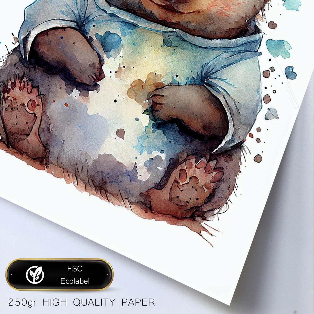 Nacnic Wombat Poster im Aquarellstil. Illustrationen von niedlichen Tierbabys auf weissen Hintergrün