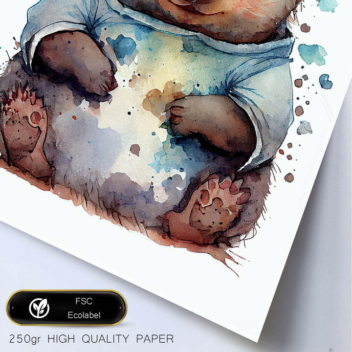 Nacnic Wombat Poster im Aquarellstil. Illustrationen von niedlichen Tierbabys auf weissen Hintergrün