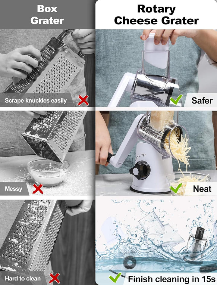 GDL Käsereibe mit Kurbel, Gemüsehobel mit 3 austauschbaren Trommelklingen, Reibe Küche Schnelles Sch