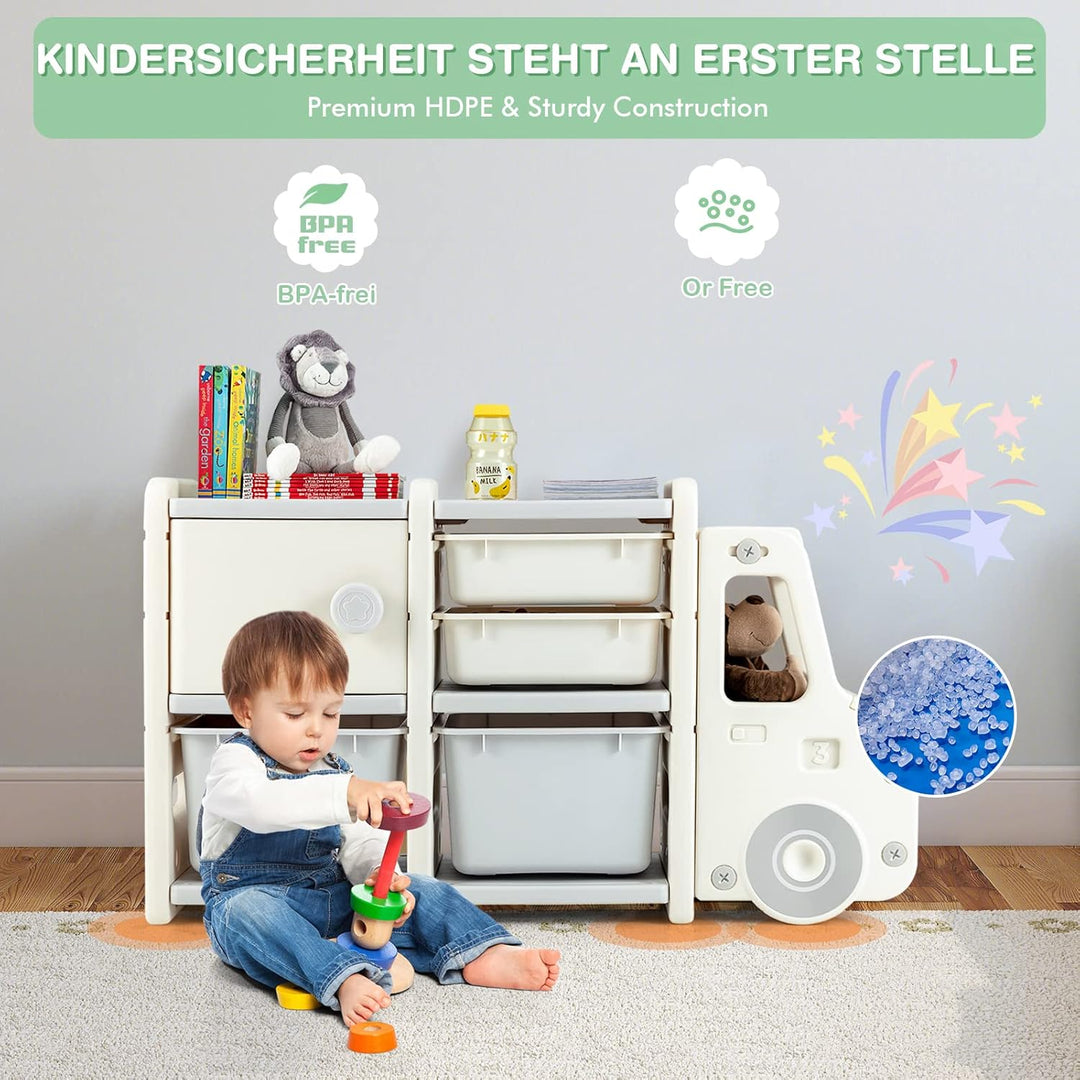 GOPLUS Kinderregal in Autoform, Multifunktionales Spielzeugregal mit 4 Boxen & 1 Schrank, Aufbewahru