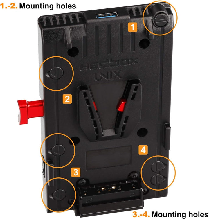 HEDBOX Unix-LPE6 - V-Mount Akkuplatte mit 3X D-Tap und USB, für Canon EOS Cameras, Anschlusskabel (L