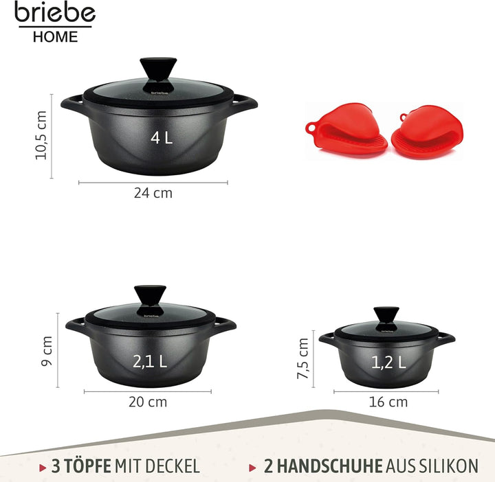 briebe Topfset Induktion 6-Teilig, Kochtopf Set 3 Töpfen aus Aluminiumguss, Antihaftbeschichtung ILA