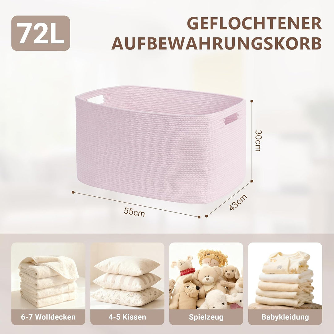 Grosser 72L Aufbewahrungskorb aus Baumwollseil, Mädchen Korb für Spielzeug Decken, Wäschekorb Gefloc