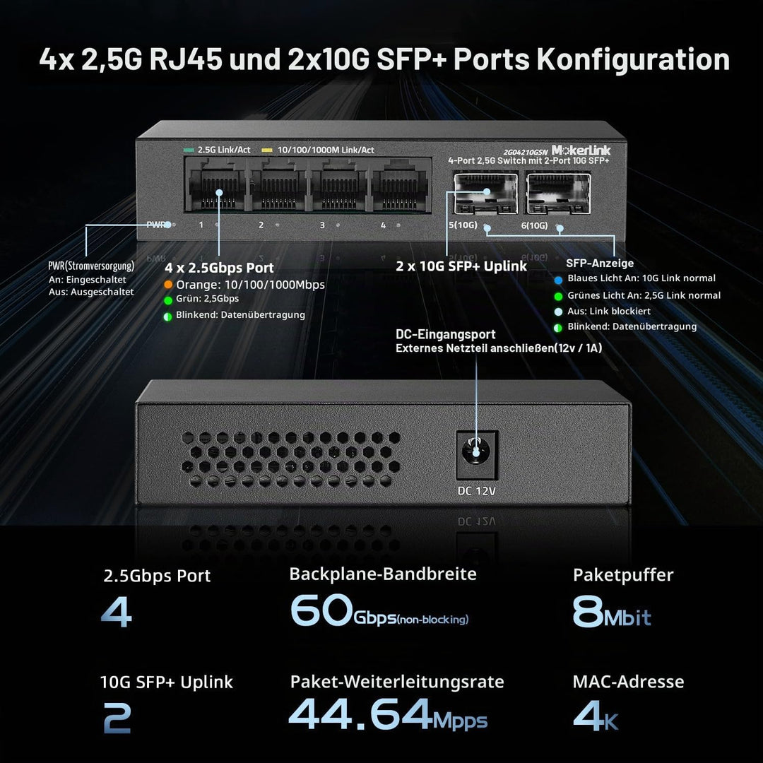 MokerLink 4 Port 2.5G Ethernet Switch mit 2x10G SFP+ Slot, 4x2.5G RJ45 Ports kompatibel mit 100/1000