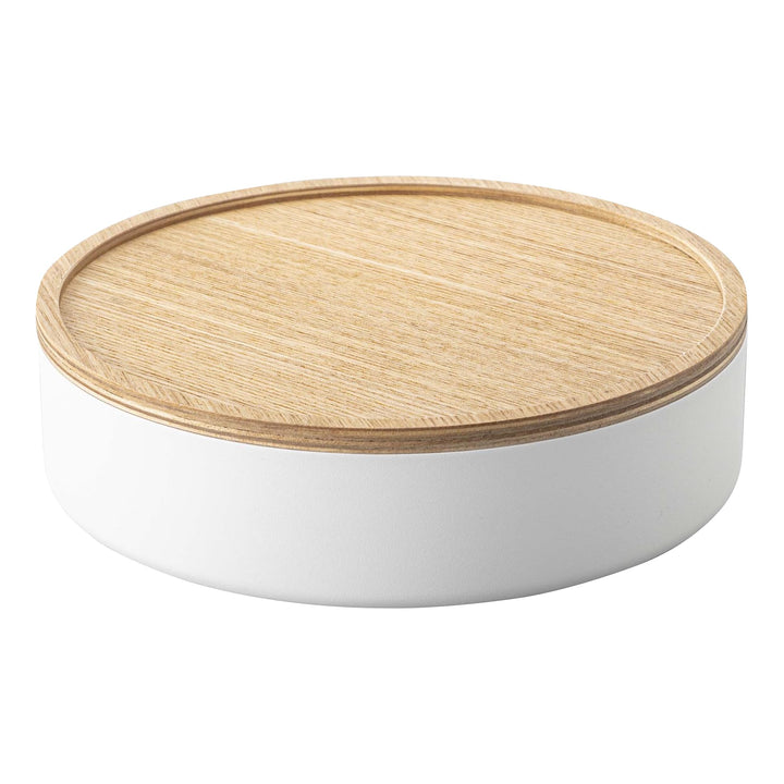 Yamazaki 5801 RIN Aufbewahrungsbehälter mit Deckel, rund, weiss, Stahl/Holz, Minimalistisches Design