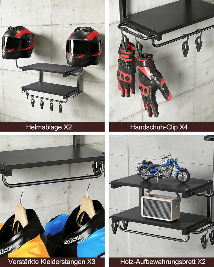 Motorradhelm Halterung Wand für 2 Helme, Motorrad Garderobe Wand mit Kleiderbügel und Haken, 30 kg T