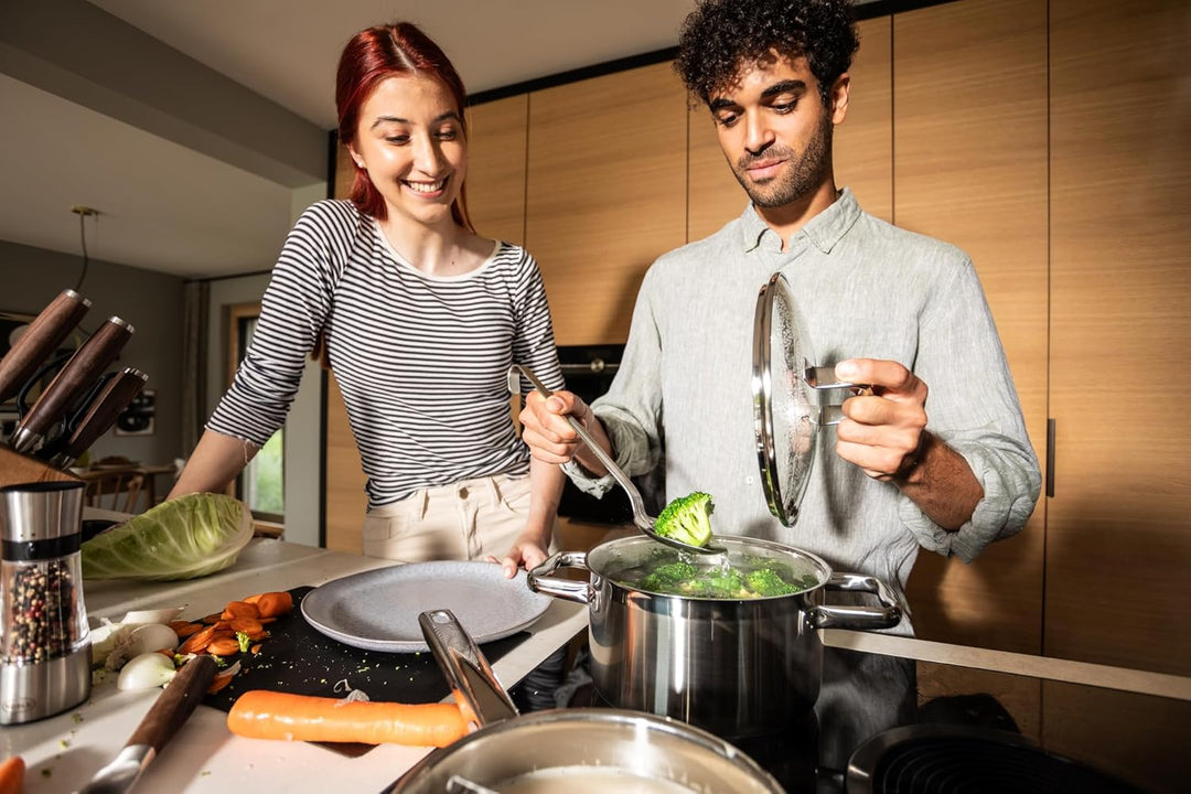 RÖSLE ELEGANCE GLOBE Topfset 10-tlg., 6 hochwertige Kochtöpfe, 1 Dämpfeinsatz, 2 Bratpfannen im Set,