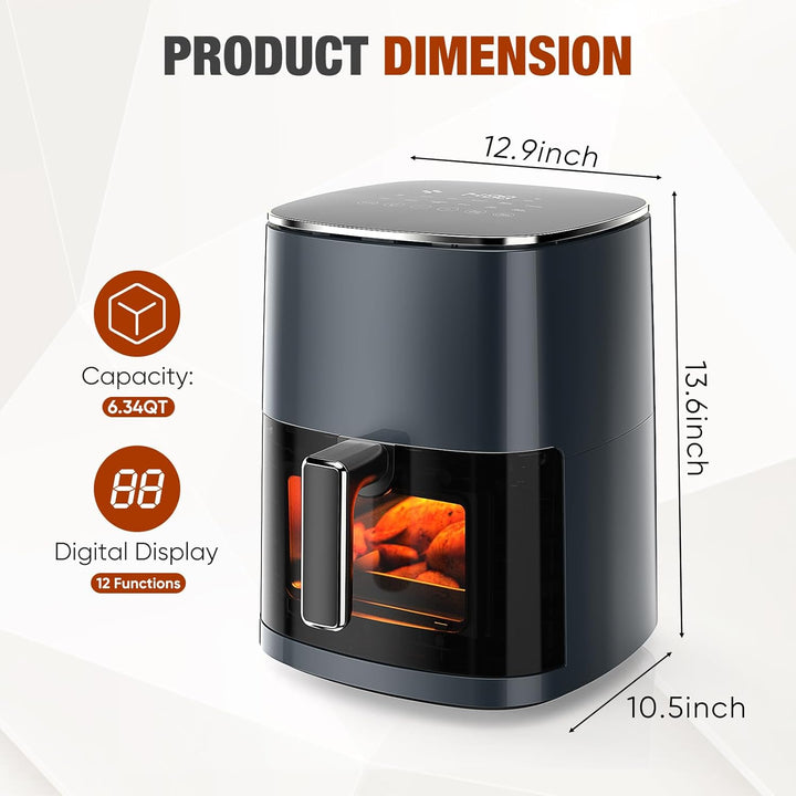DUMOS Air Fryer 6QT with Window Square Airfryer Oven 12-in-1 for Family 400°F Rapid Air Crispy Techn