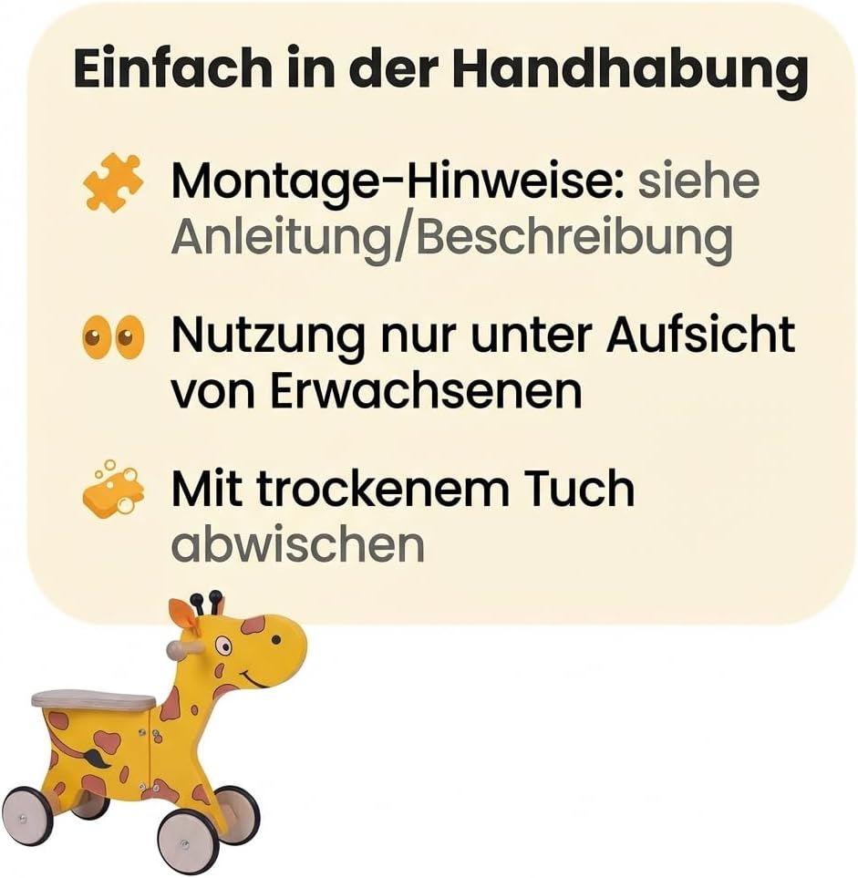 Kinder Rutscher aus Holz Giraffe Happy, Holzrutscher mit 4 Rädern, Handgriffen & Flacher Sitzfläche,