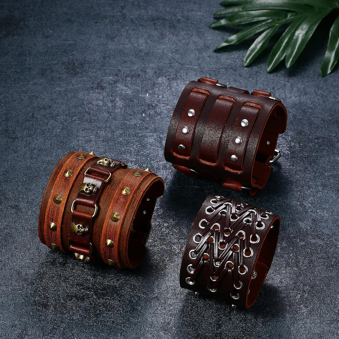 OIDEA 3PCS Herren Leder Armband Set (Punk Rock Stil 4.1cm-5cm Breite Gross geflochtene handgefertigt