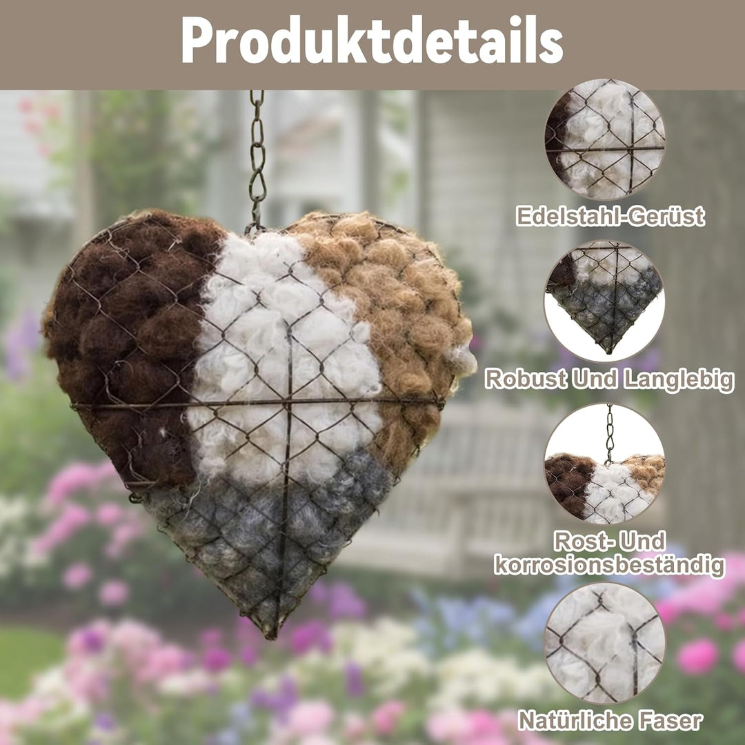 Nistmaterial für Wildvögel, Handgemachtes Herzförmiges Edelstahl Nistmaterial für Vögel mit natürlic