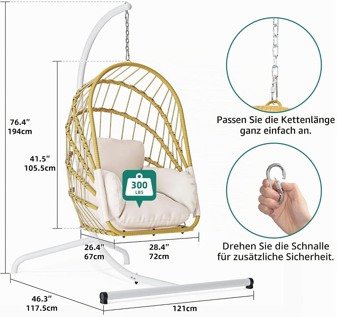 YITAHOME Hängesessel mit Kissen, Max. Belastung 150kg, Hängesessel Outdoor mit Gestell Körbe 195x120