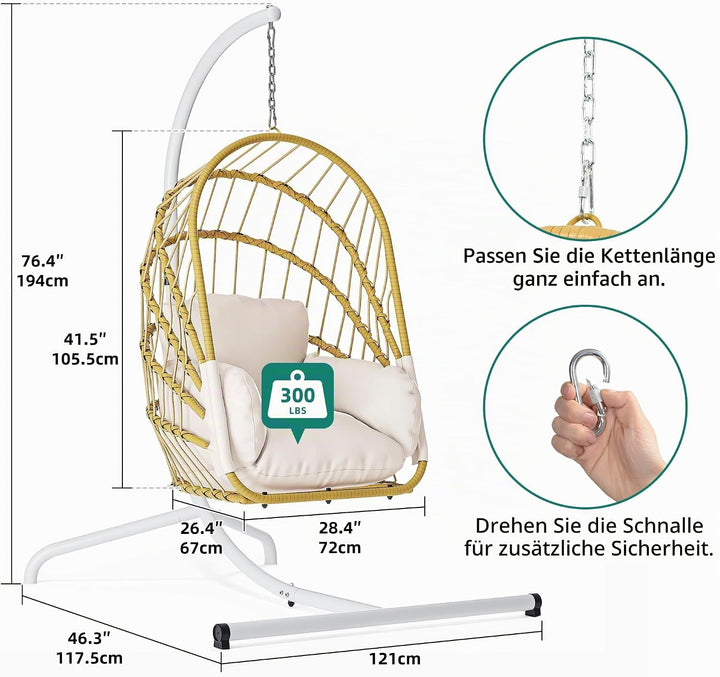 YITAHOME Hängesessel mit Kissen, Max. Belastung 150kg, Hängesessel Outdoor mit Gestell Körbe 195x120