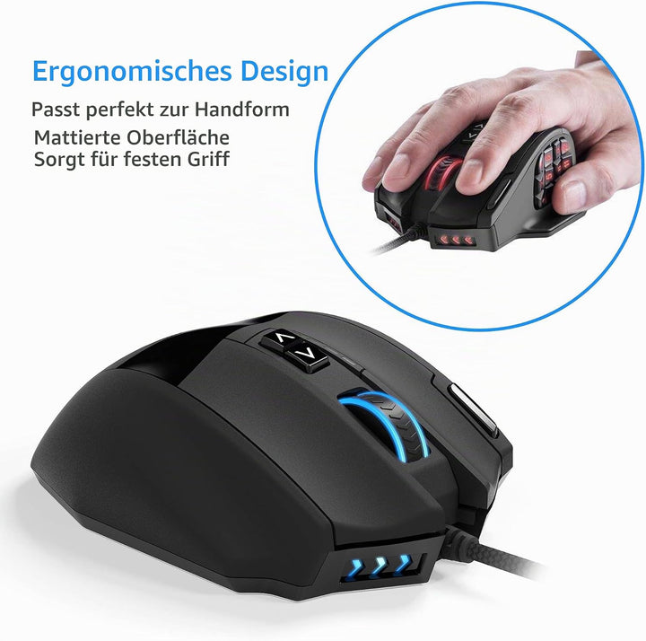 UtechSmart Venus Gaming Maus 16400 DPI USB Laser MMO Gaming Mouse, 18 programmierbare Tasten,16400 D