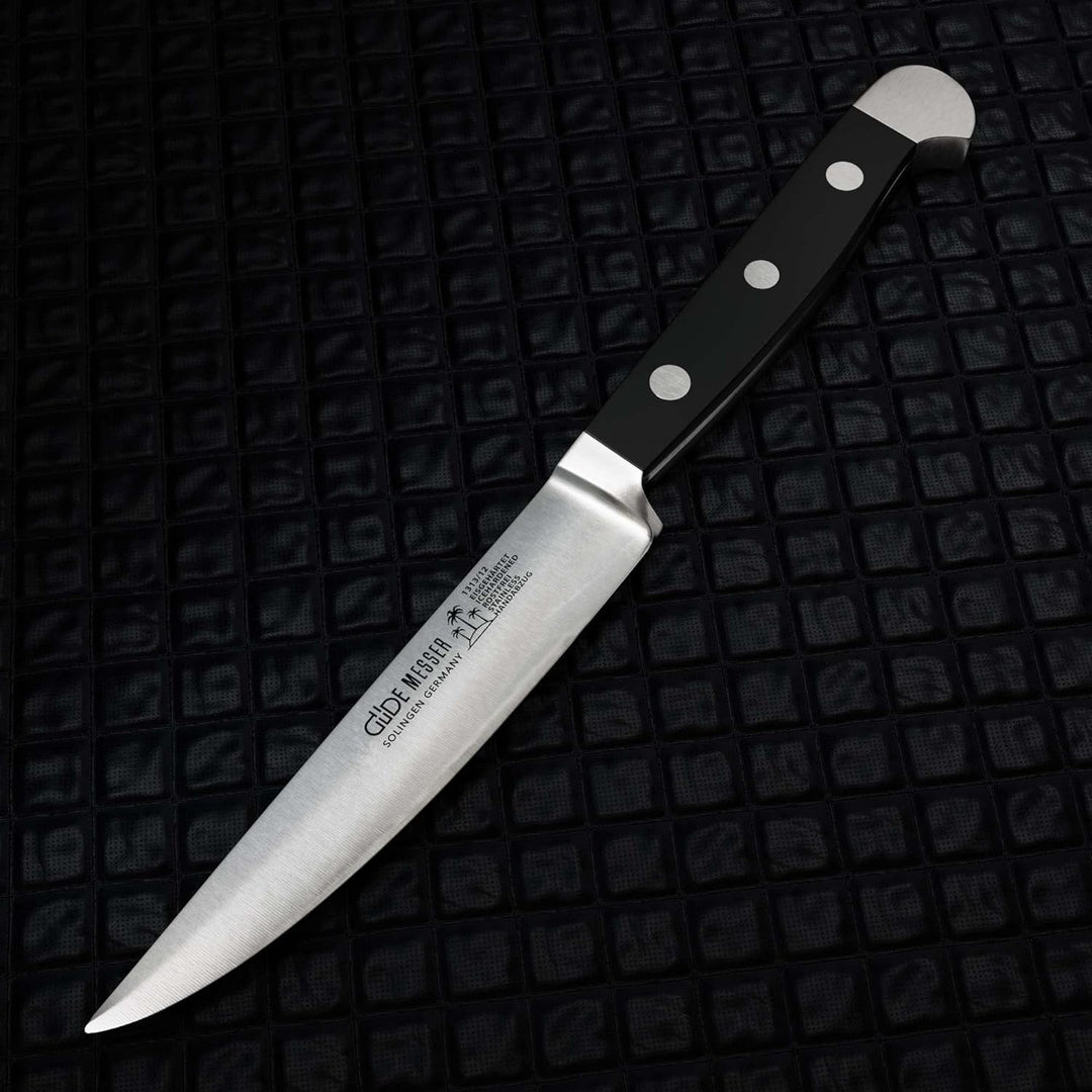 GÜDE Solingen - Steakmesser Glatt geschmiedet, 12 cm, POM schwarz, ALPHA, Doppelkropf, Handmade Germ