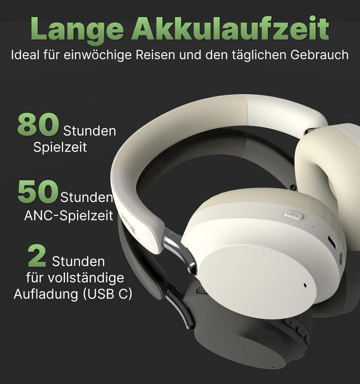 Hmusic MS04 4-Mic Aktive Noise Cancelling-Kopfhörer, 2 Mic ENC, 80H Spielzeit, Over-Ear-Bluetooth-Ko