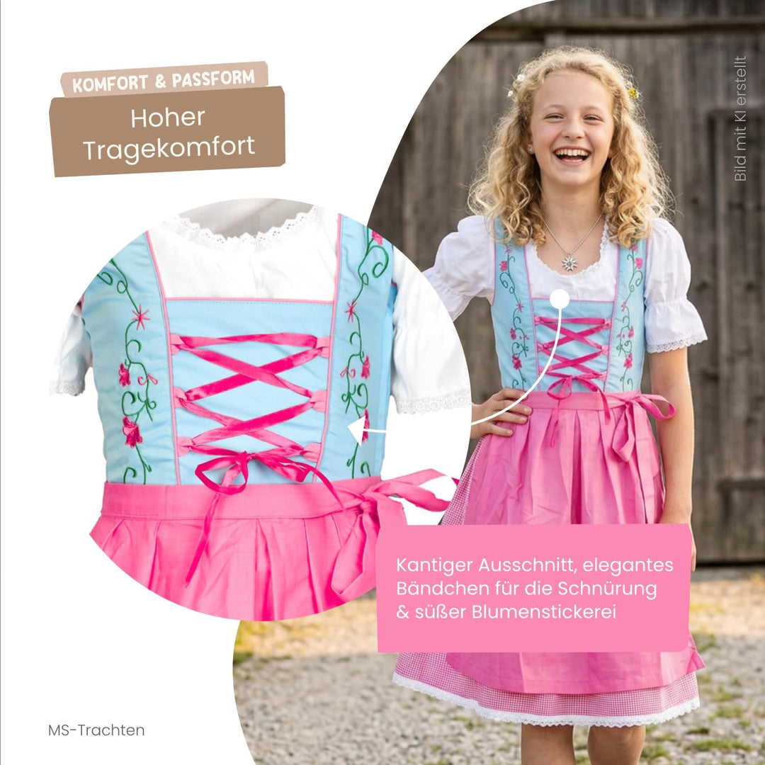 MS-Trachten Kinder Dirndl Kinderdirndl Trachtenkleid Elise rosa hellblau pastell 3 teilig 116 Dunkel