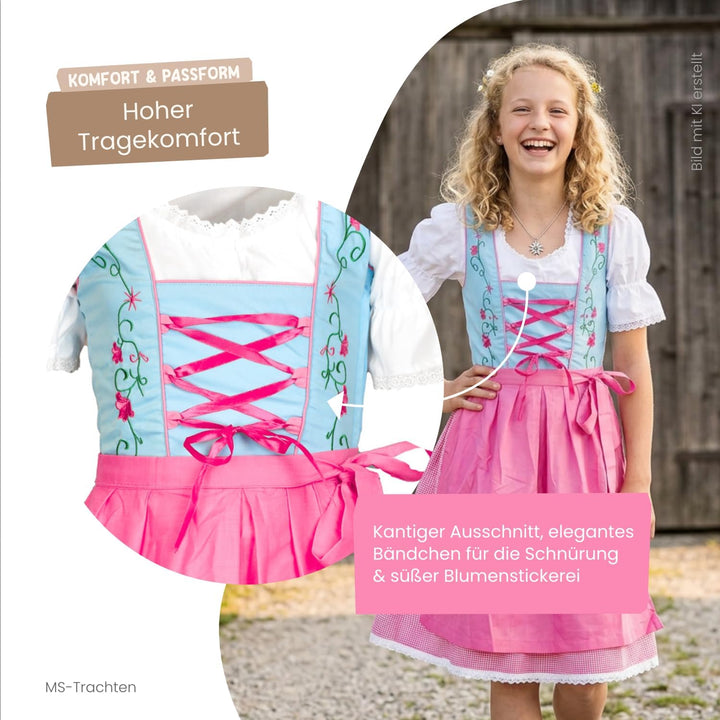 MS-Trachten Kinder Dirndl Kinderdirndl Trachtenkleid Elise rosa hellblau pastell 3 teilig 116 Dunkel