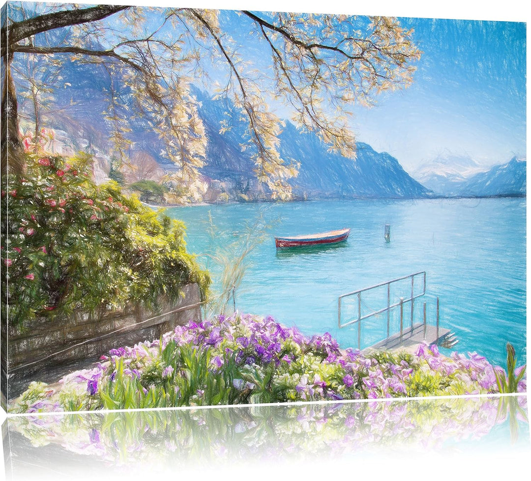 Pixxprint Genfer See im Sonnenschein als Leinwandbild/Grösse: 100x70 cm/Wandbild/Kunstdruck/fertig b