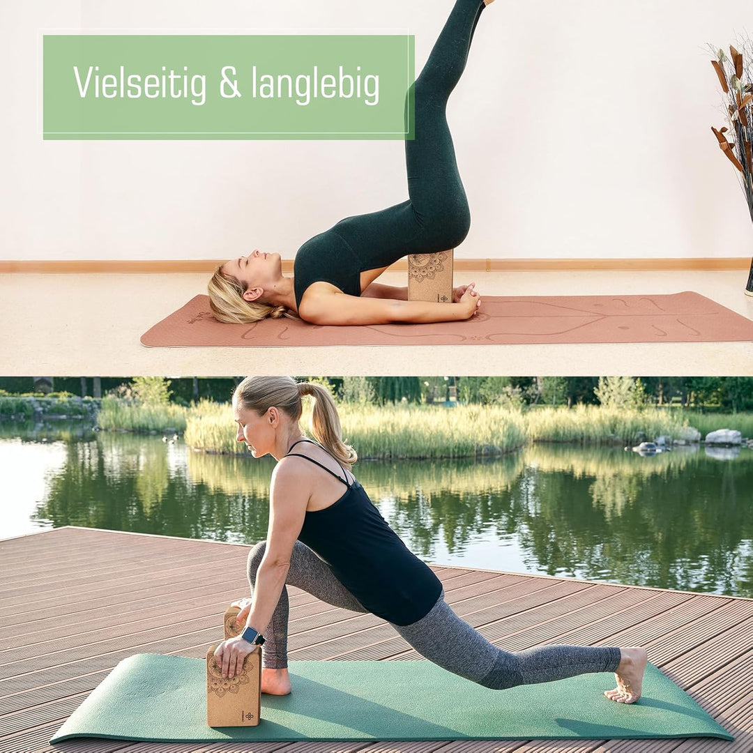 Overmont Yogablöcke Kork 2er Set Yogaklotz - Yoga Block mit Yoga Gurt - Korkblock für Fitness Pilate