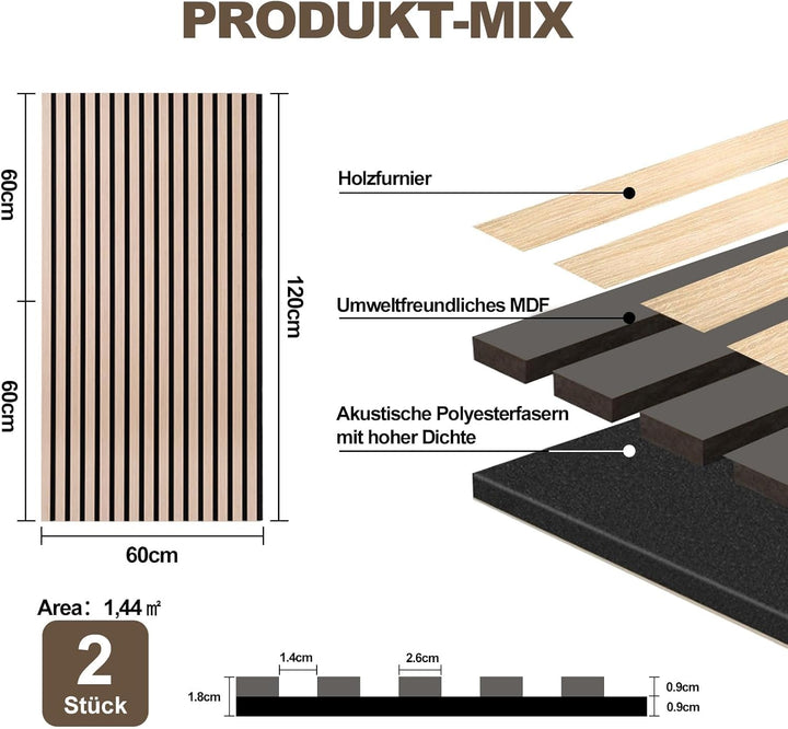 AKK-PANE Akustikpaneele Holz 120x60cm, 2 Stück 1,44m² 3D Wandpaneele Holz, Akustik Paneele Wand für