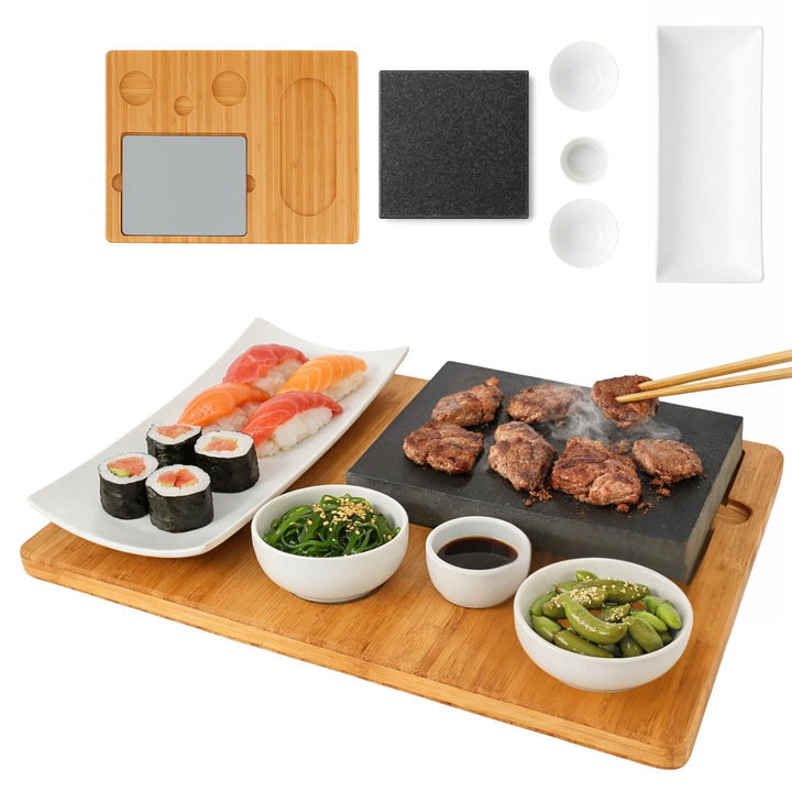 Lavastein Steakbrett, Servierplatte, Bambusbrett mit Hot Stone Grill, Steak Grillplatte, Steinplatte