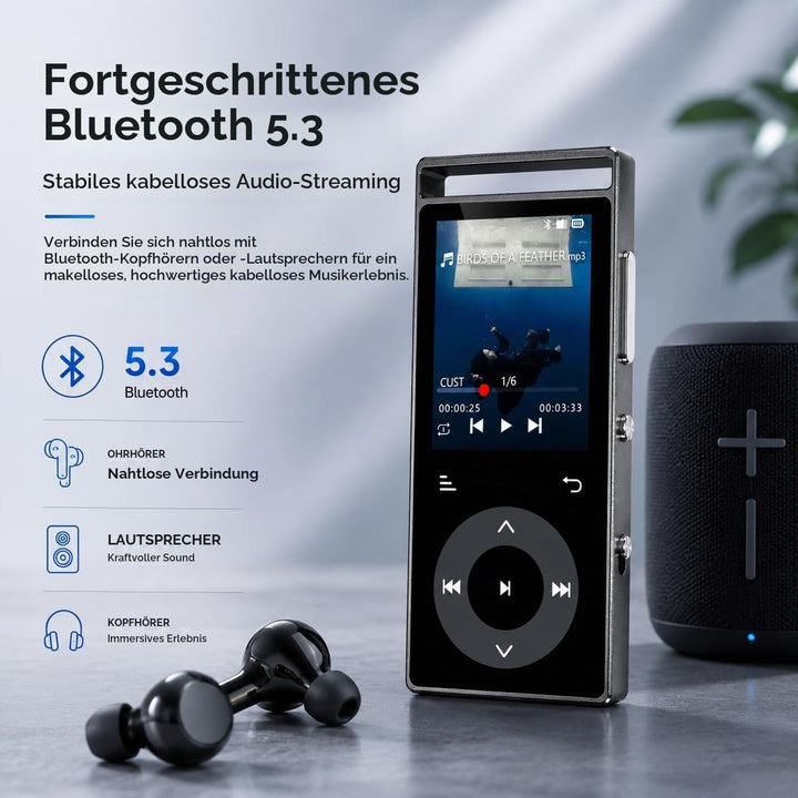 90GB MP3 Player Bluetooth 5.3, HiFi-Sound MP3-Player mit Touch-Tasten | MP3 mit Musik, Farbdisplay,