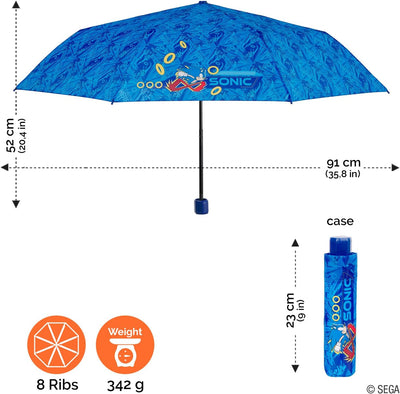 PERLETTI Sonic Regenschirm Blau Kinder 7 8 9 10 Jahre - Sonic Hedgehog Taschenschirm Klein Kompakt S