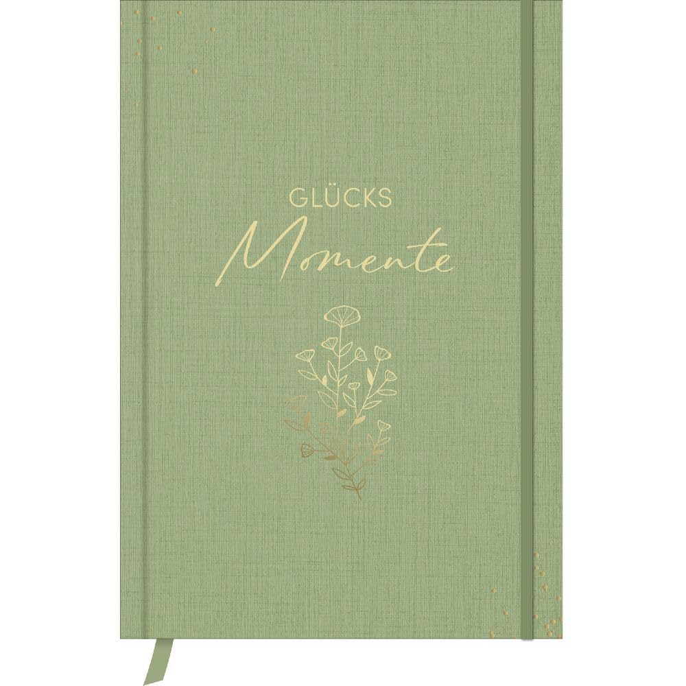 Glücksmomente Green: Notizbuch, Ausfüllbuch mit Goldveredelung, Lesebändchen, Zetteltasche und Gummi