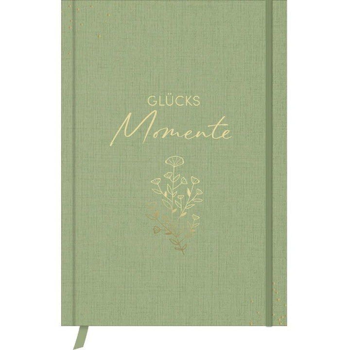 Glücksmomente Green: Notizbuch, Ausfüllbuch mit Goldveredelung, Lesebändchen, Zetteltasche und Gummi