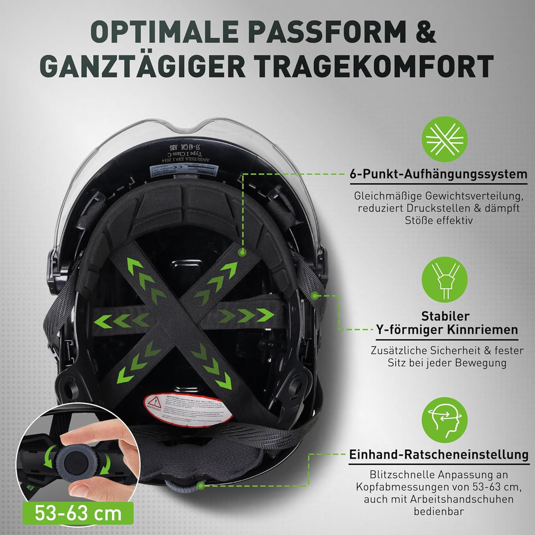 GREEN DEVIL Schutzhelm Arbeitshelm mit klarem Visier und Gehörschutz Ohrenschützer Einstellbarer ABS