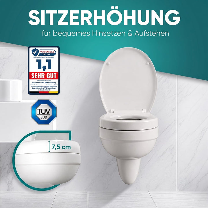WC Sitzerhöhung 7,5cm inkl. Absenkautomatik für bequemes Sitzen & Aufstehen | Erhöhter Toilettensitz