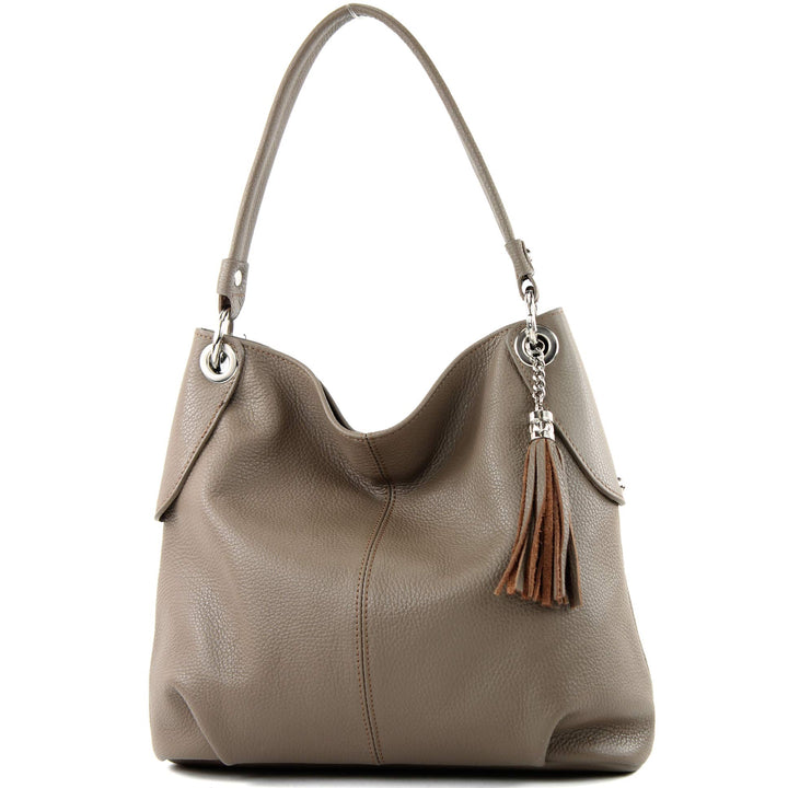modamoda de - T185 - ital. Damen Schultertasche aus Leder Taupe, Taupe