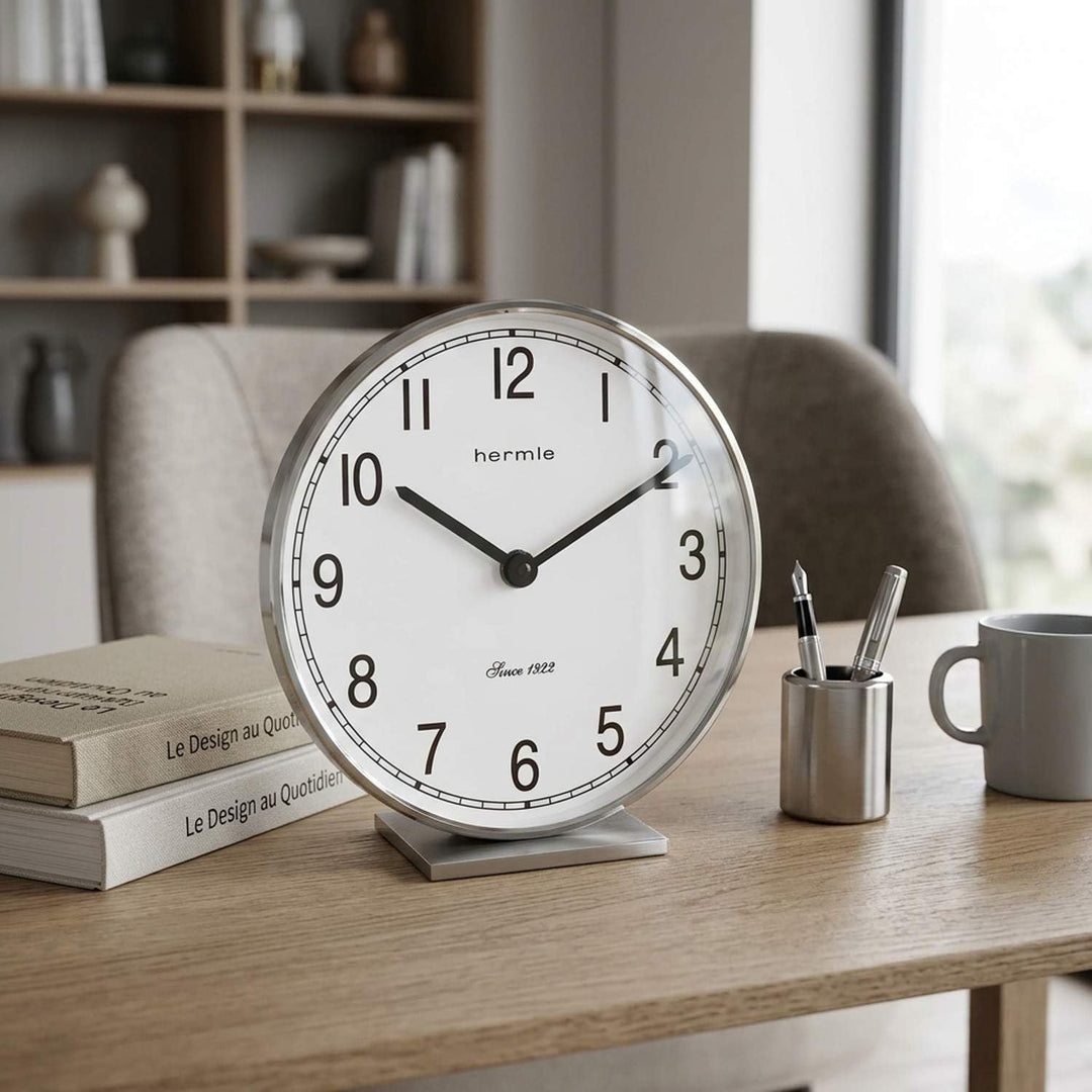 Hermle Tischuhr mit batteriebetriebenem Quartzwerk Fremont Tischuhr Chrom Quarz 19cm- 23057-002100