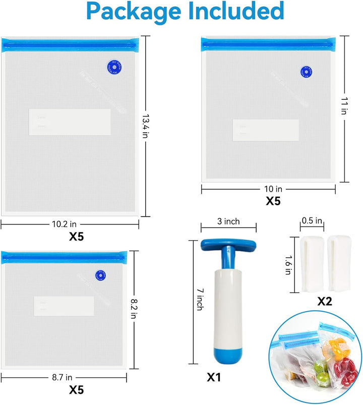 O2frepak 15er-Pack wiederverwendbare Sous-Vide-Beutel,BPA-freie Vakuumbeutel in 3 Grössen mit Pumpe
