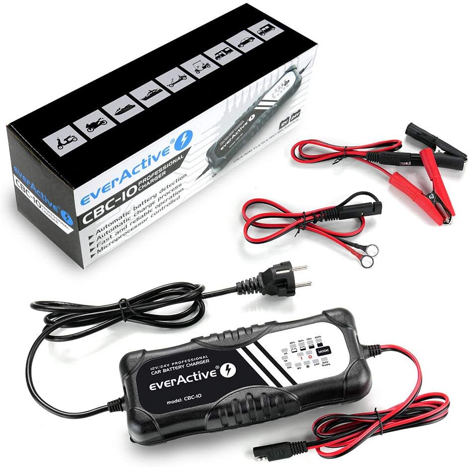 everActive KFZ Motorrad Ladegerät, 12V 24V, Spannung 10A, vollautomatisch, schnell, LED-Anzeige, Mik