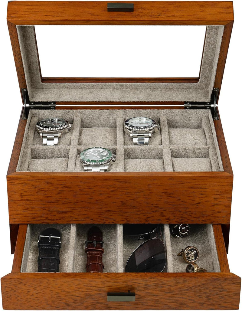 LOEAPEA Holz Uhrenbox mit Valet Schublade - Massivholz Vitrine für grosse Herren Armbanduhren | Komm