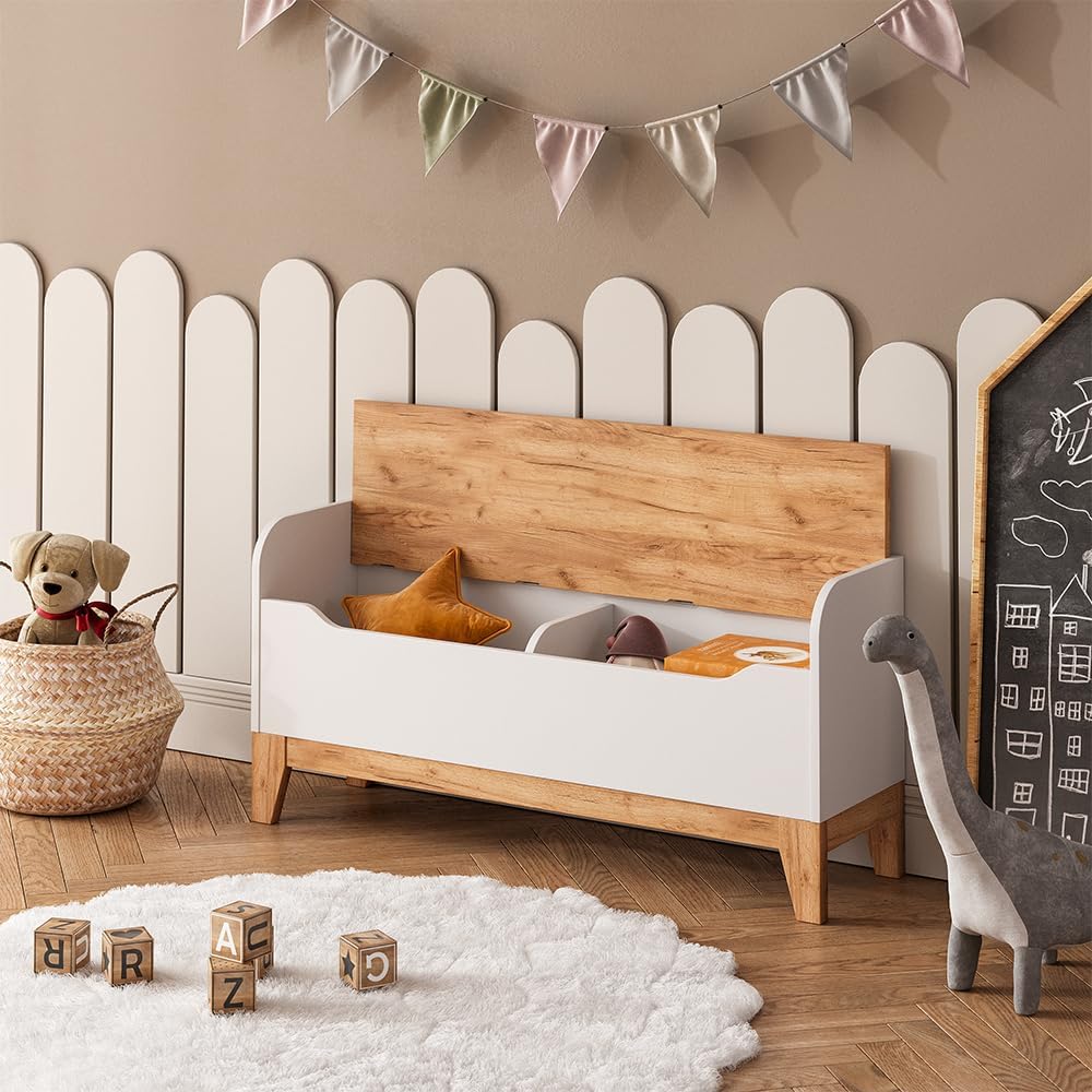 Spielzeugtruhe Malia, Weiss/Artisan, 107.2 x 50 cm mit Sitzfläche, Weiss/Artisan