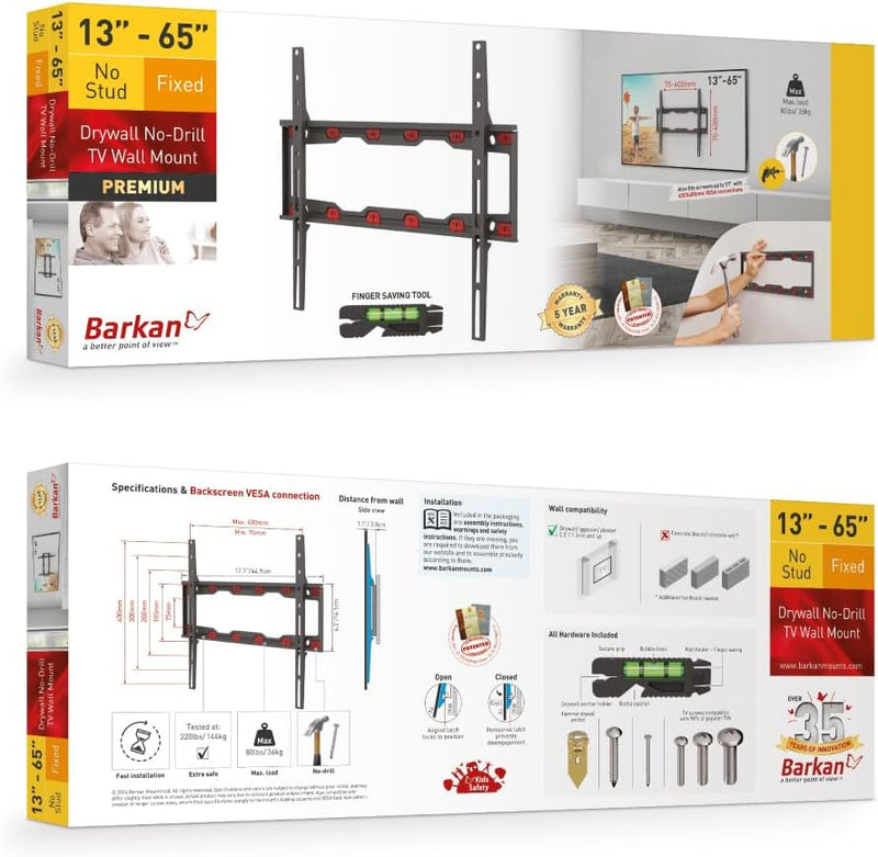 Barkan TV Wandhalterung, 19 - 65 Zoll Feste , Trockenbauwände – ohne Bohren flach & curved Fernseher