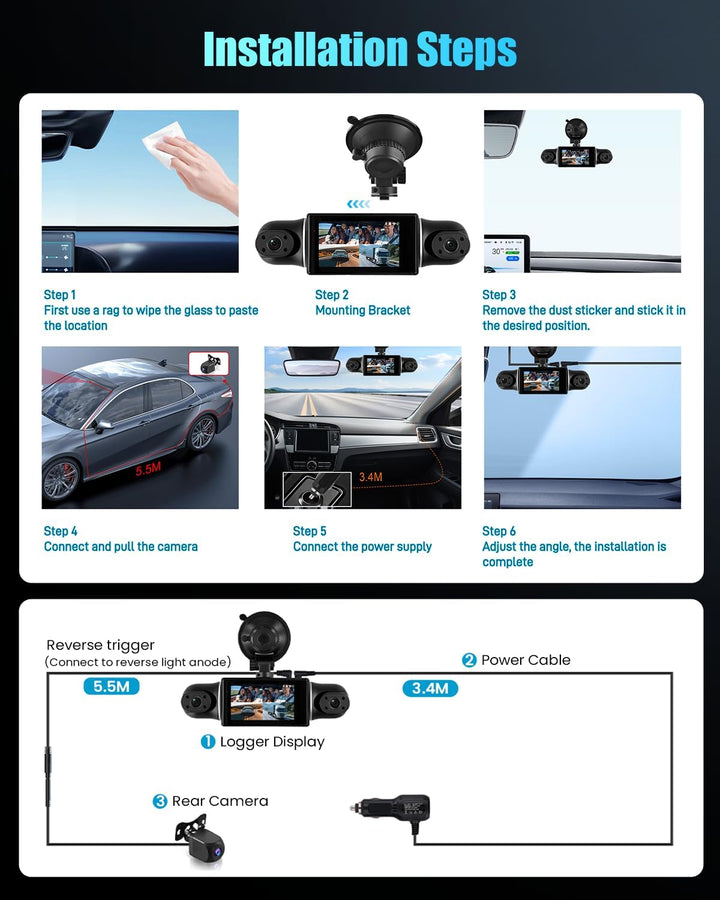 Hikity 2K 360°Dashcam für Auto mit 64G SD Karte,4 Kanal 3 Zoll IPS Bildschirm Dash Cam, Dash Cam 2K+