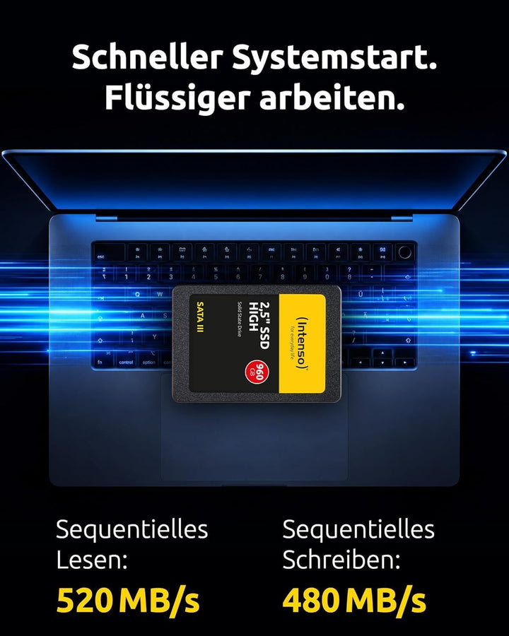 Intenso Interne 2,5" SSD SATA III High, 960 GB, 520 MB/Sekunden, Schwarz 960GB Sata 2,5" High