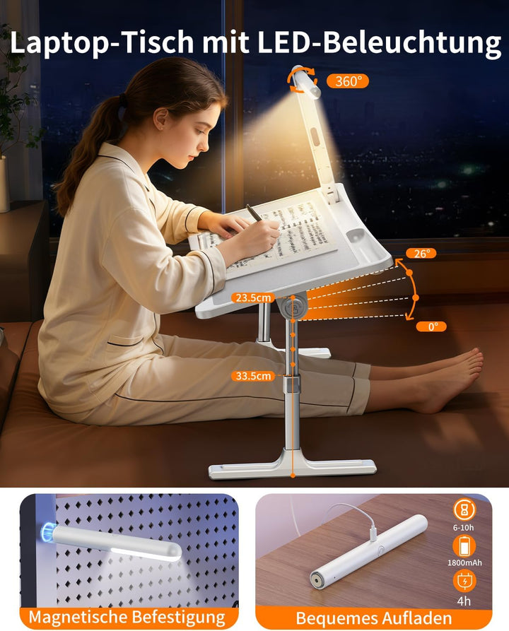 Laptoptisch Betttisch mit LED Lampe,Klappbar Laptop Tisch Höhenverstellbar Lapdesk für Bett Tablettt