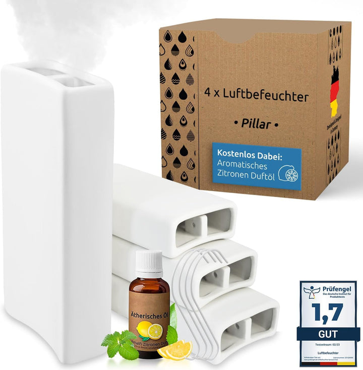 Luftbefeuchter Heizung Keramik Viereckig I Haken & Duftöl [4er Spar-Set, 400ml] I Wasserverdunster f