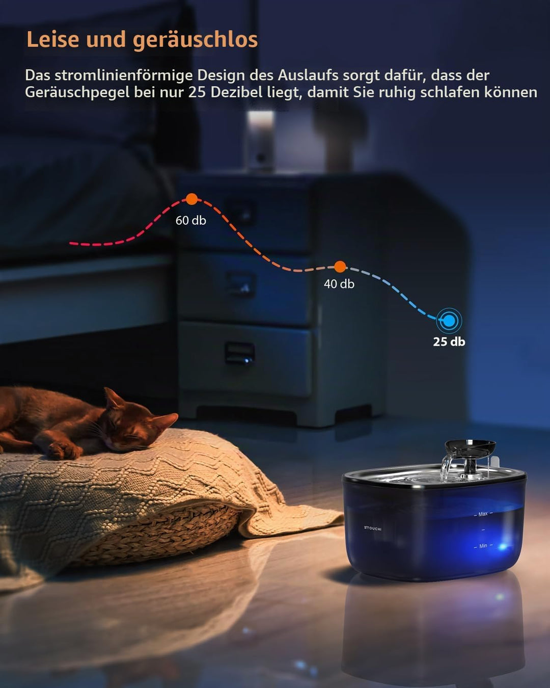 Stouchi Katzenbrunnen,Super Leise Edelstahl Trinkbrunnen für Katzen 2.5L Trinkbrunnen für Katze,LED