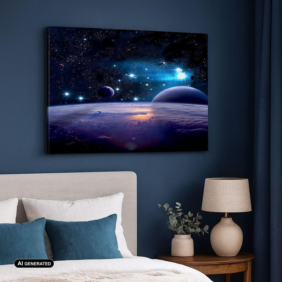 Bilder auf Leinwand 100x70cm Leinwandbild mit Rahmen Kosmos Planet Gross Wanddeko Bild Schlafzimmer