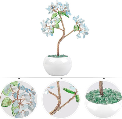 Nupuyai Aquamarine Kristall Baum Feng Shui Edelstein Baum mit Keramische Basis, Glücksbaum, Geldbaum