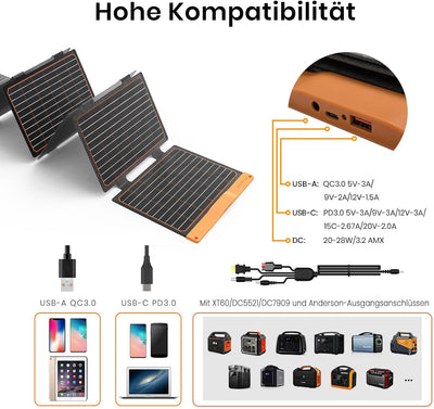 Solarpanel 60W, Flexsolar Tragbares faltbares Solarladegerät IP67 wasserdichtes Notstromcamping, gee