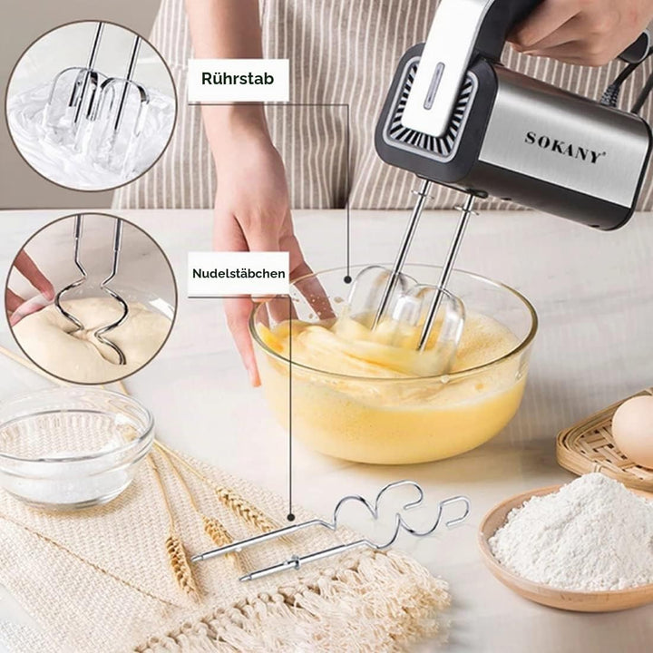 SOKANY CX-6651 Elektrischer Handmixer für die Küche, Handmixer mit 2 Schneebesen und 2 Knethaken, 5